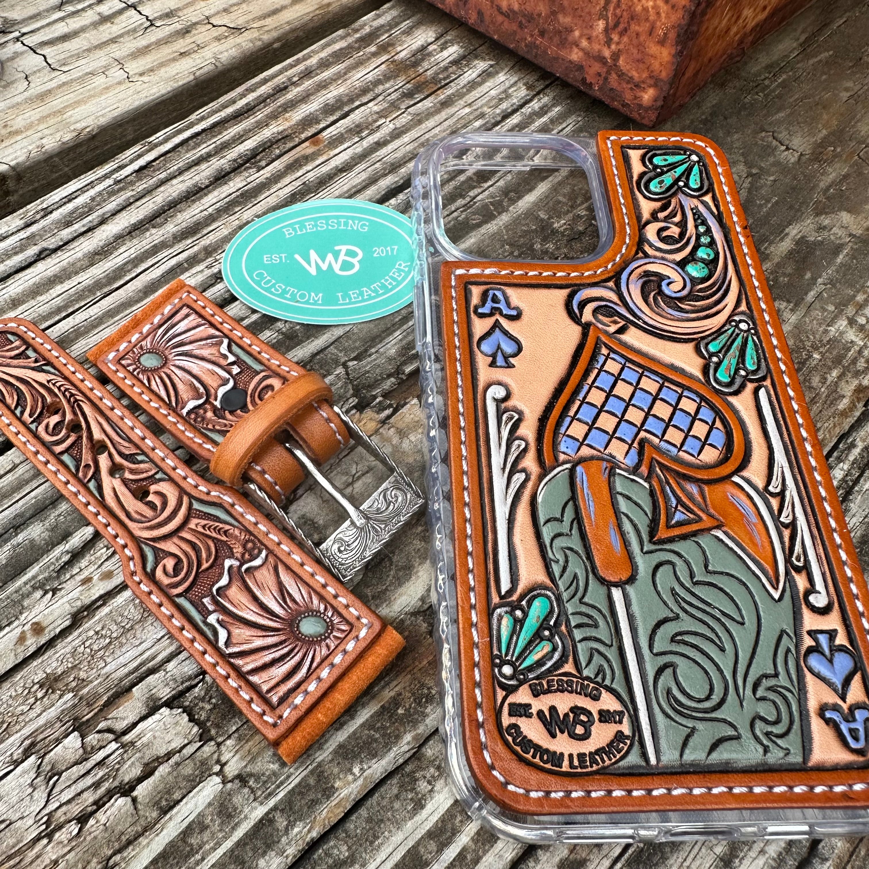 Tooled Leather Phone Case – Blessing Custom Leather Tooled Leather Phone Case – Blessing Custom Leather