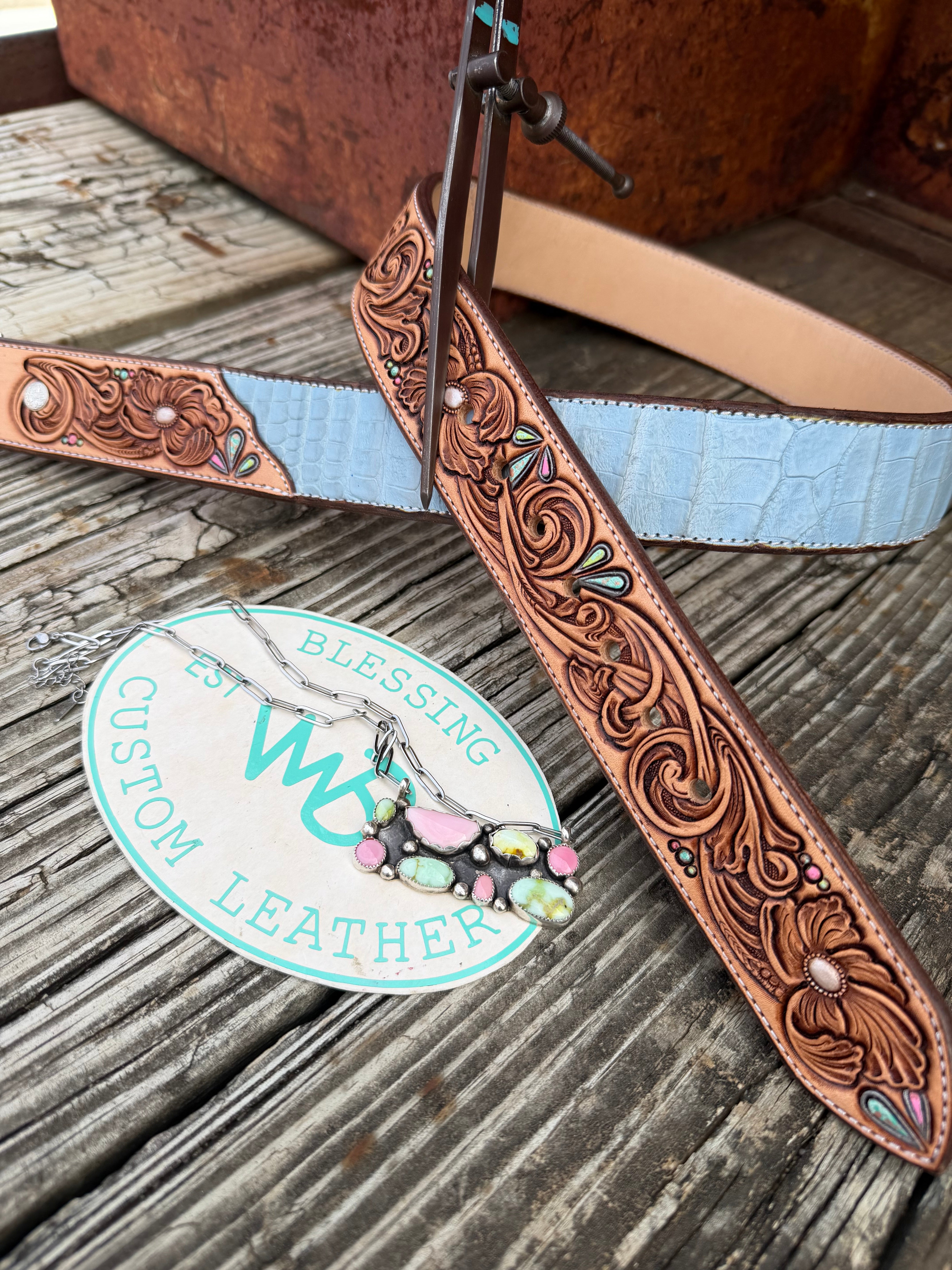 Leather blue floral belt Women main image 2