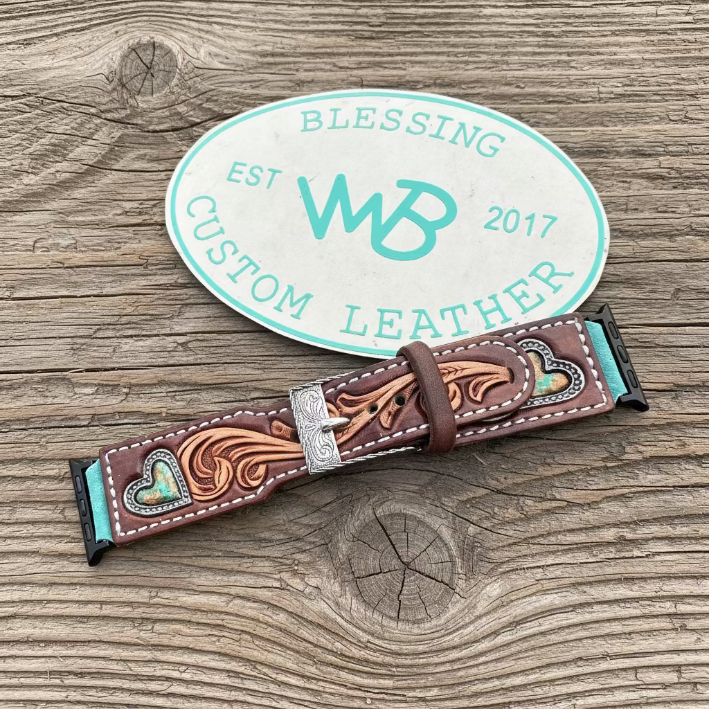 Tooled Leather Watch Band (Dark Brown)