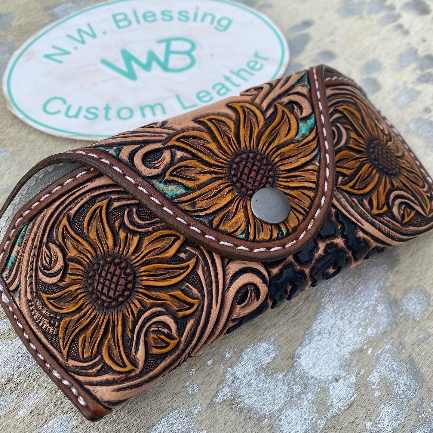 Tooled leather Sunflower and Cheetah Sunglasses case