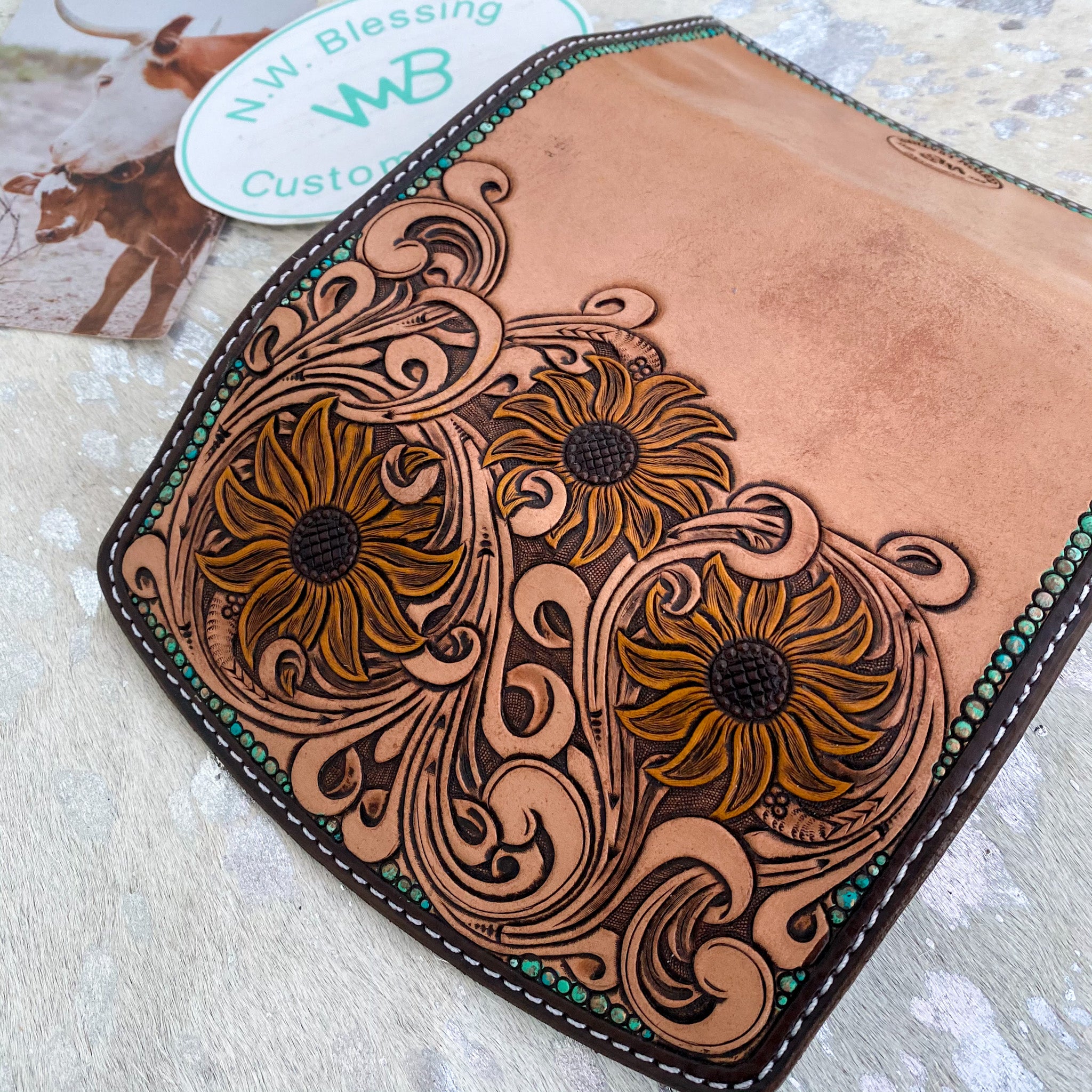 Sunflower Hand Carved Leather Wallet Custom Handmade 