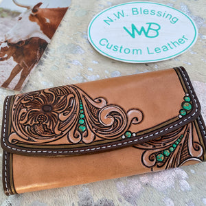 Traditional Floral w/ Turquoise Pearl Tooled Leather Women's Wallet