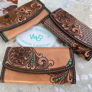 Traditional Floral w/ Turquoise Pearl Tooled Leather Women's Wallet