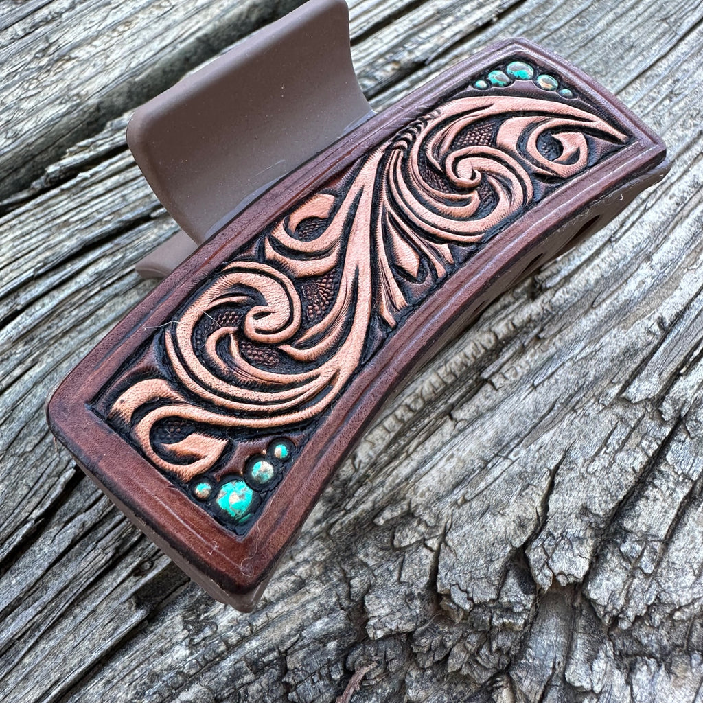 Tooled Leather Hair Clip #12