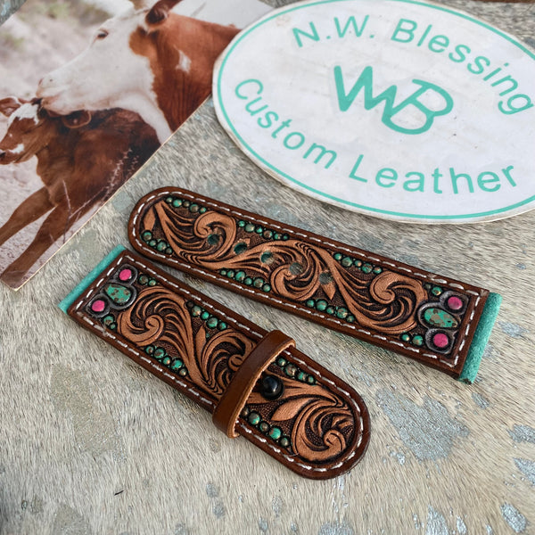 Hand tooled leather watch band sale