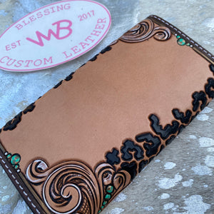 Wild Traditional Floral w/ Turquoise Pearl Tooled Leather Women's Wallet